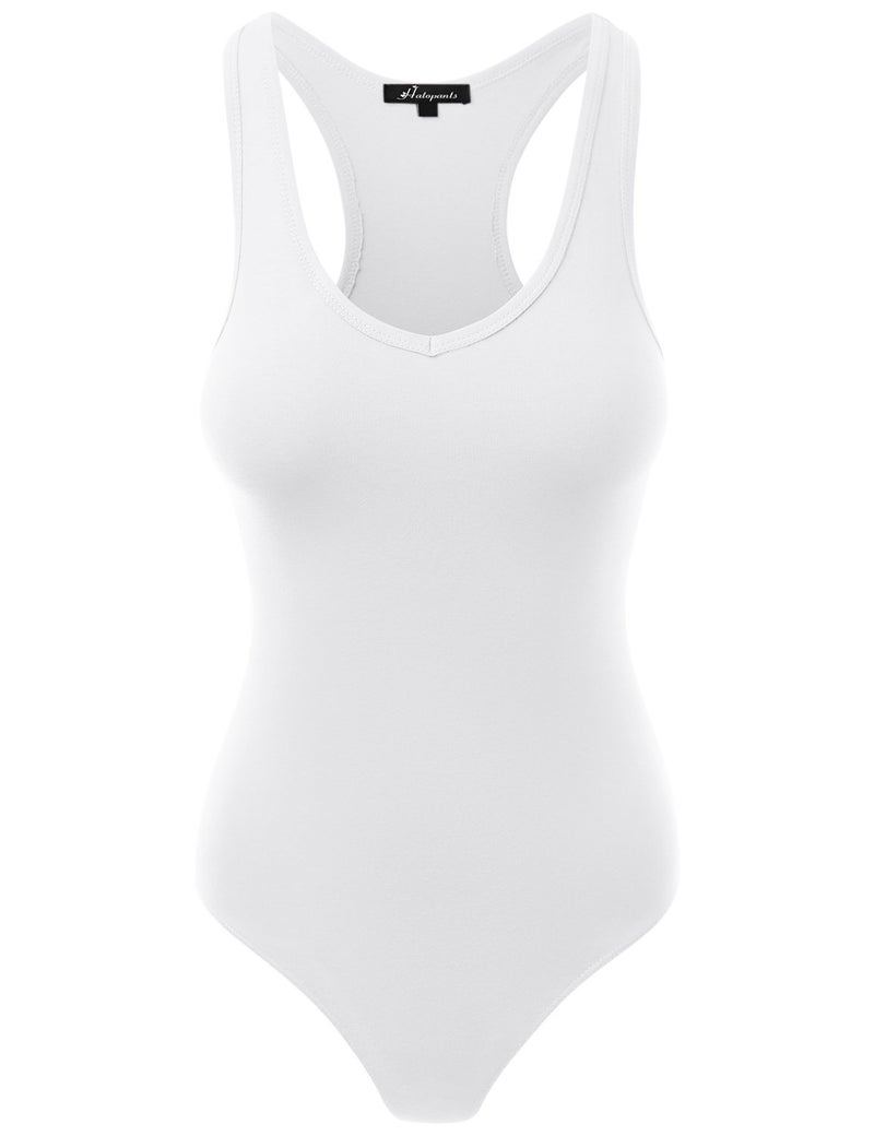 HATOPANTS Racerback Tank Top Bodysuits Sleeveless Sexy V-Neck Cotton Jumpsuits White L - Image 1